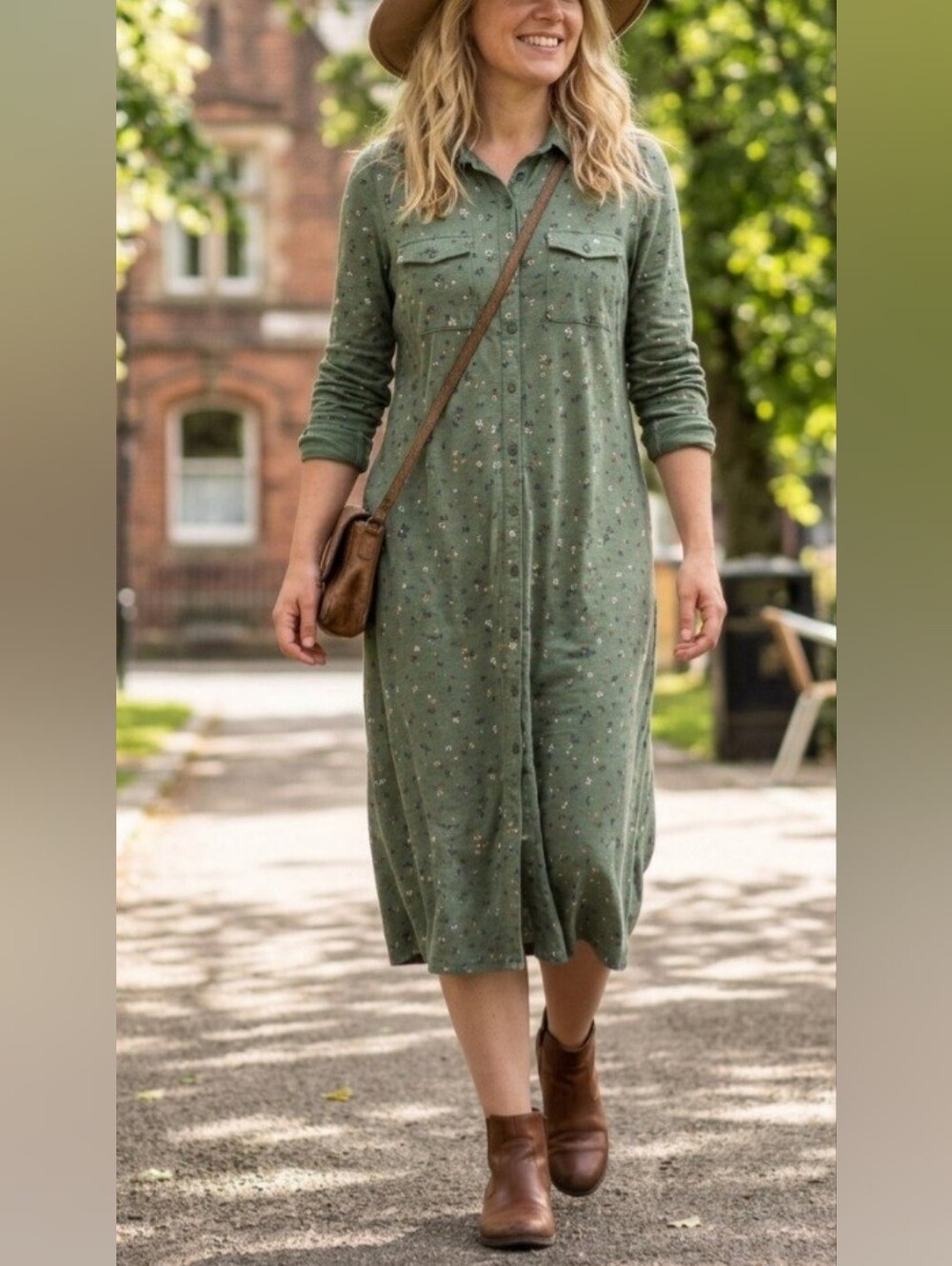 Fat Face Olive Green Ditsy Floral Cotton Jersey Midi Shirt Dress Boho Casual